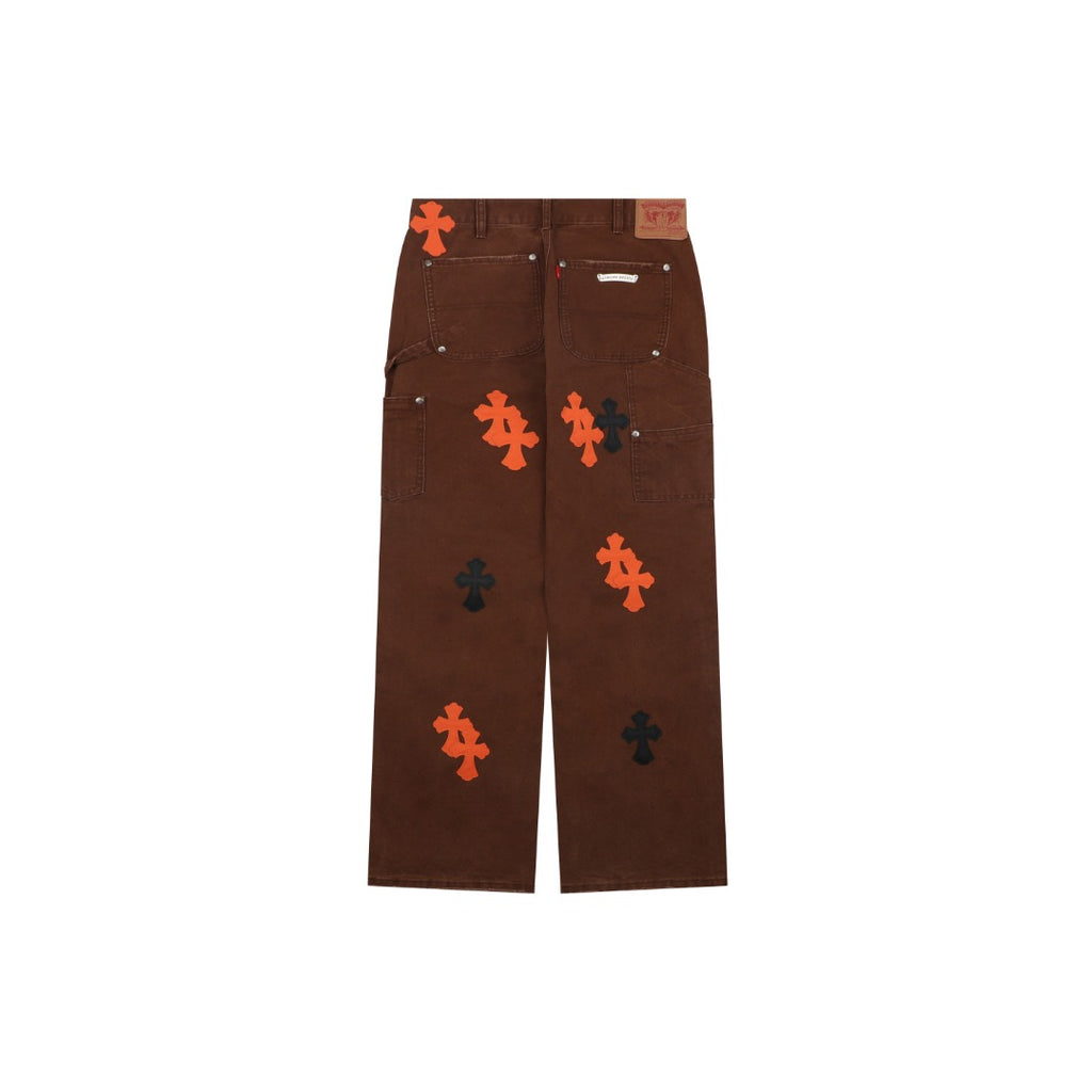 Chrome Hearts Cross Leather Patch Lumberjack Denim Jeans Brown Orange Black