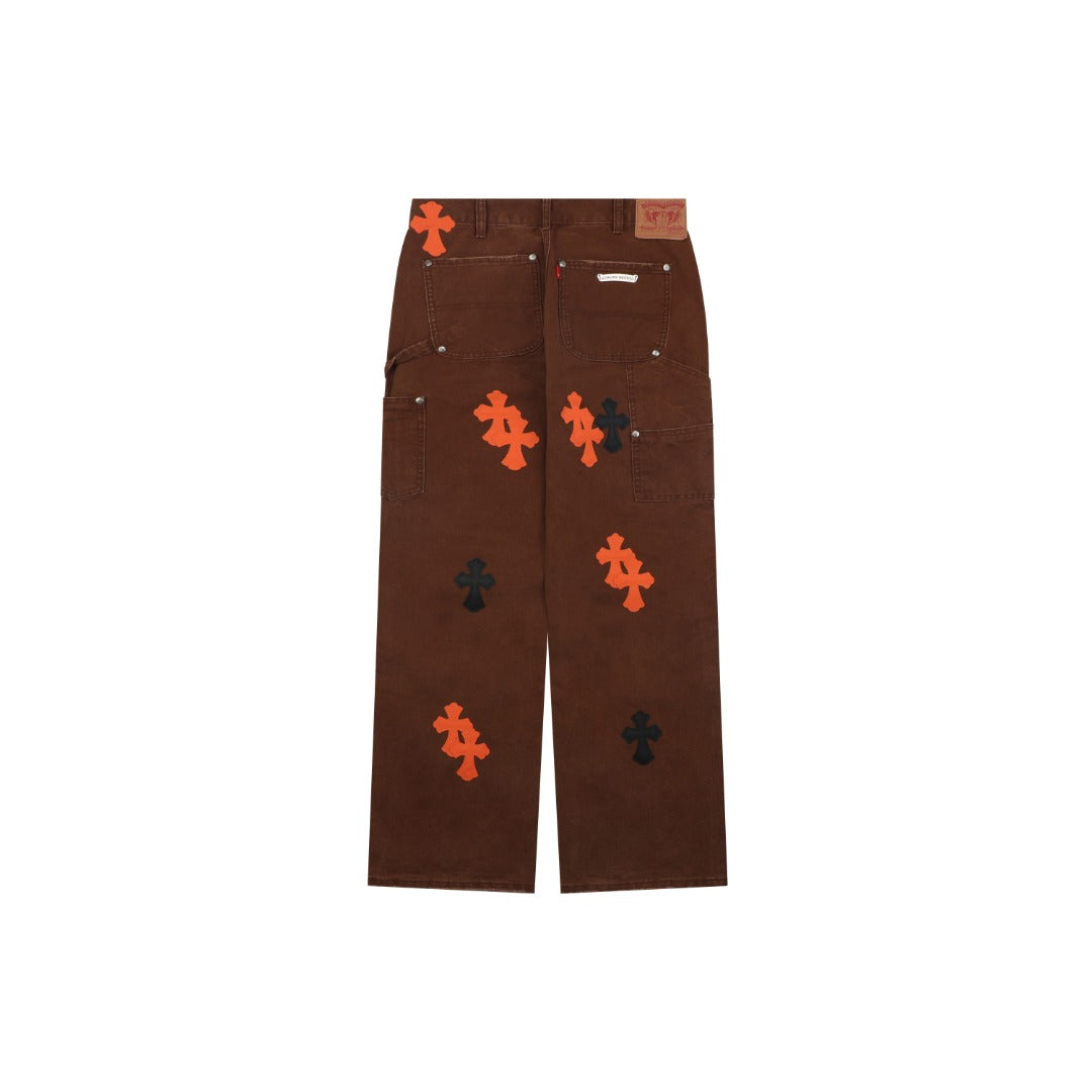 Chrome Hearts Cross Leather Patch Lumberjack Denim Jeans Brown Orange Black