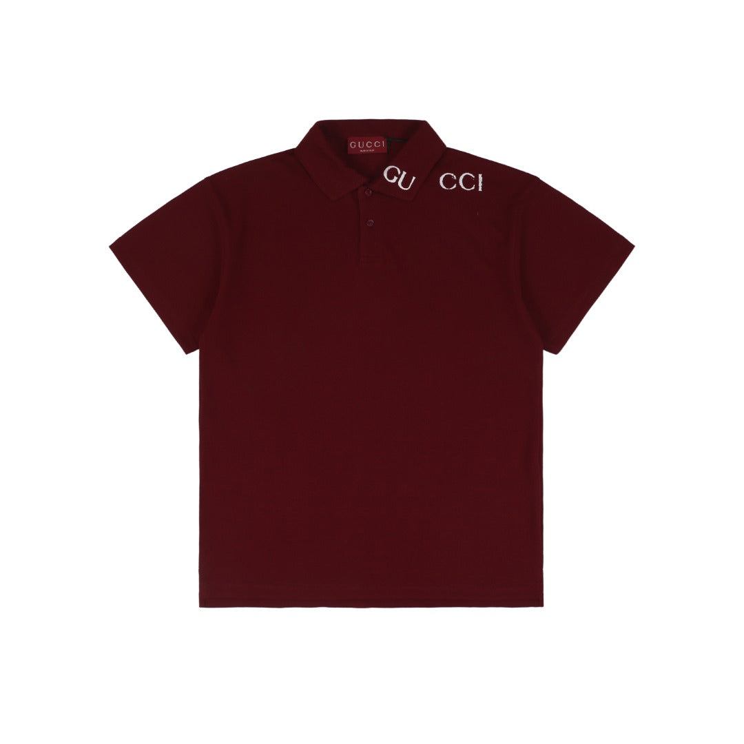 Gucci 25SS Collar G Letter Embroidered Polo Short Sleeve Shirt Burgundy