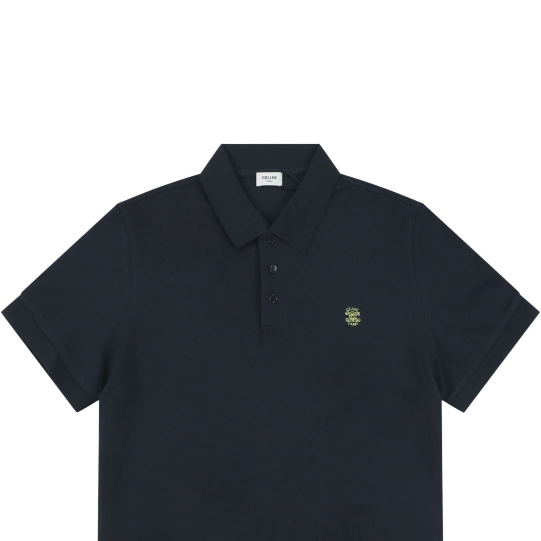 Celine Arc de Triomphe Logo Embroidered Polo Short Sleeve Shirt Black