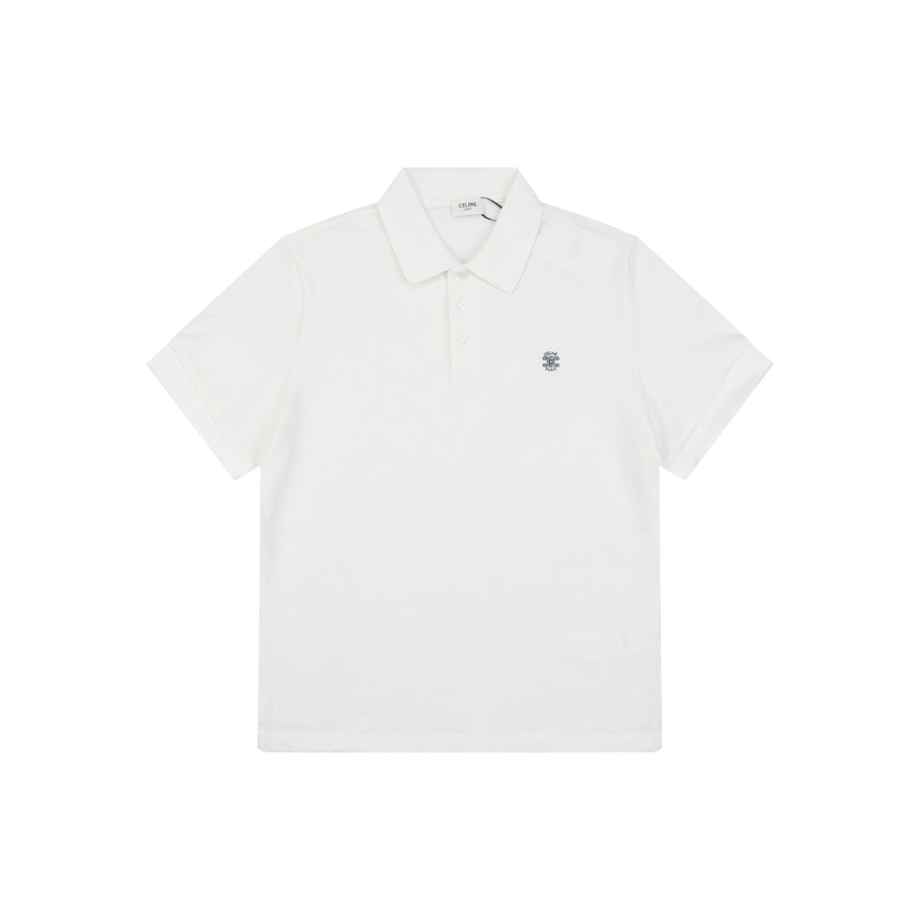 Celine Arc de Triomphe Logo Embroidered Polo Short Sleeve Shirt White