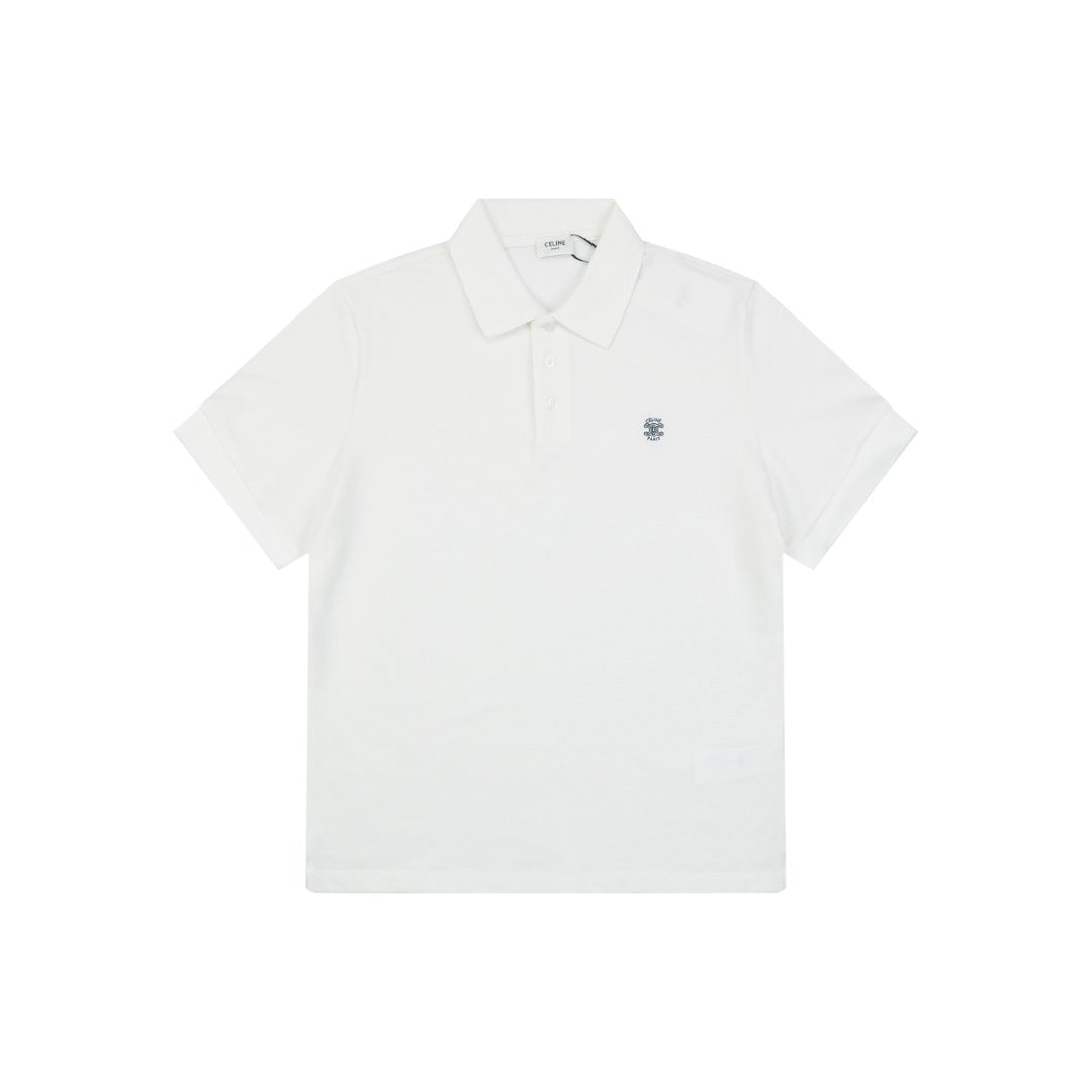 Celine Arc de Triomphe Logo Embroidered Polo Short Sleeve Shirt White
