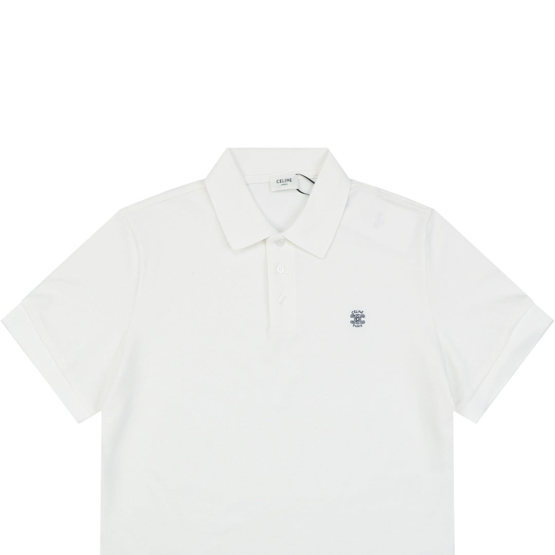 Celine Arc de Triomphe Logo Embroidered Polo Short Sleeve Shirt White