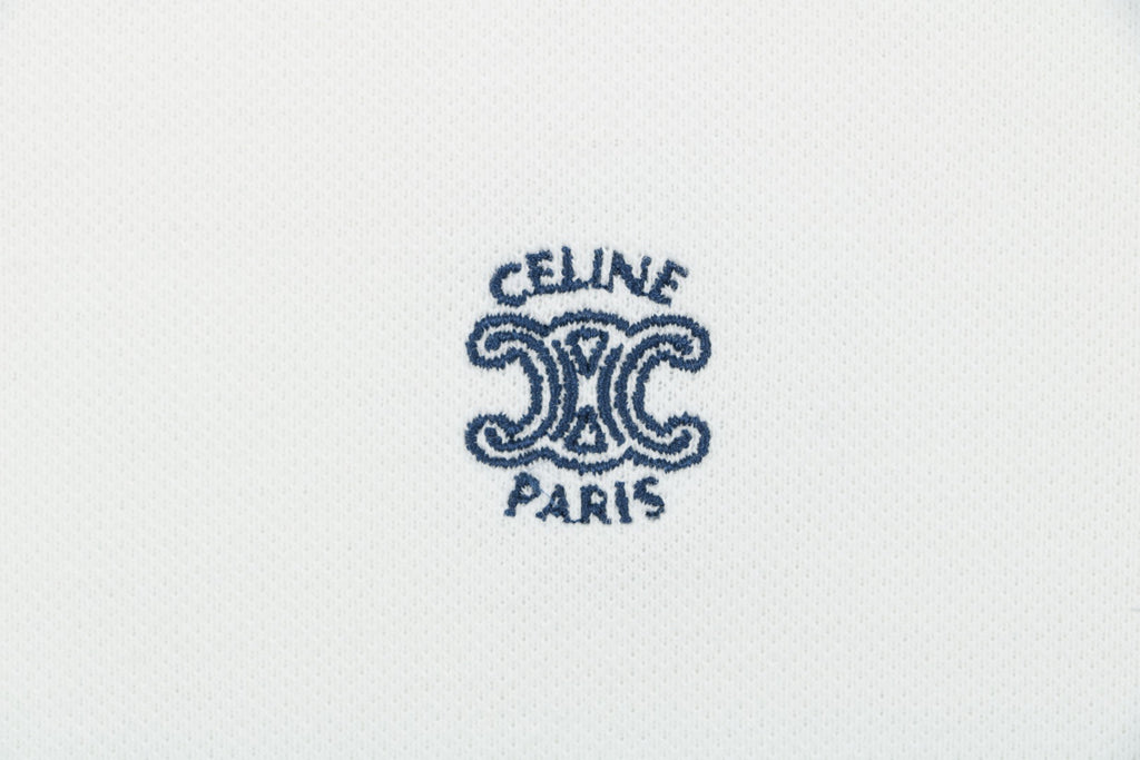 Celine Arc de Triomphe Logo Embroidered Polo Short Sleeve Shirt White