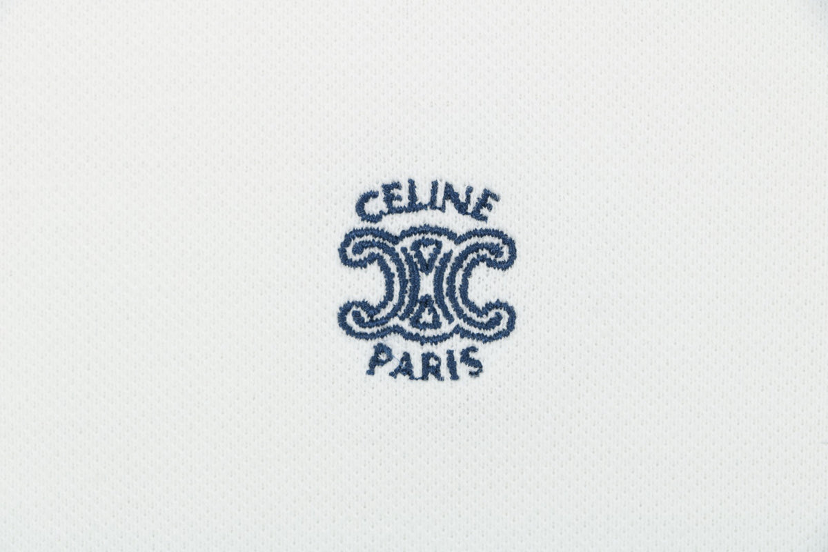 Celine Arc de Triomphe Logo Embroidered Polo Short Sleeve Shirt White