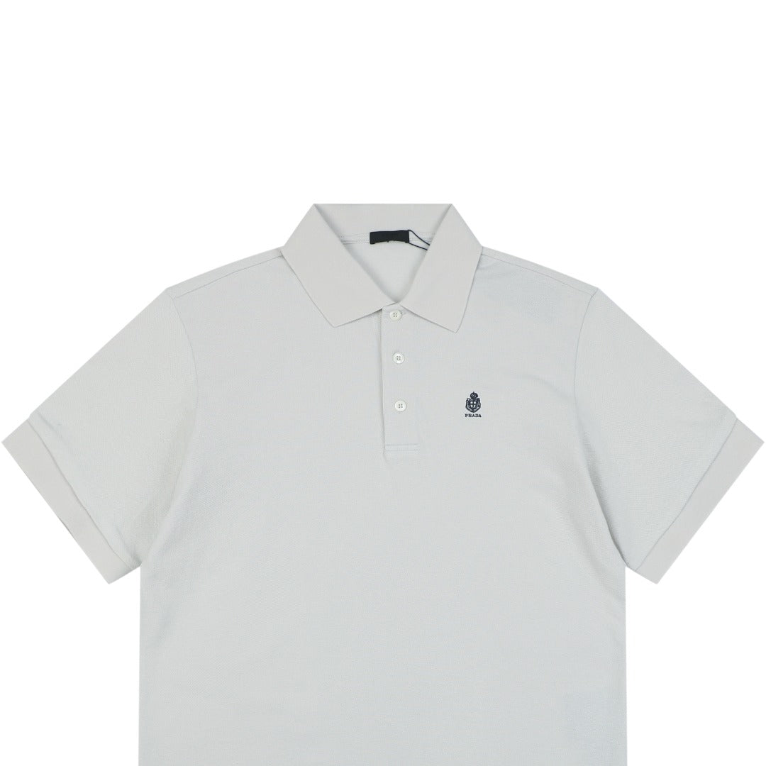 Prada Heraldic Crest Badge Embroidered Polo Short Sleeve Shirt Light Grey