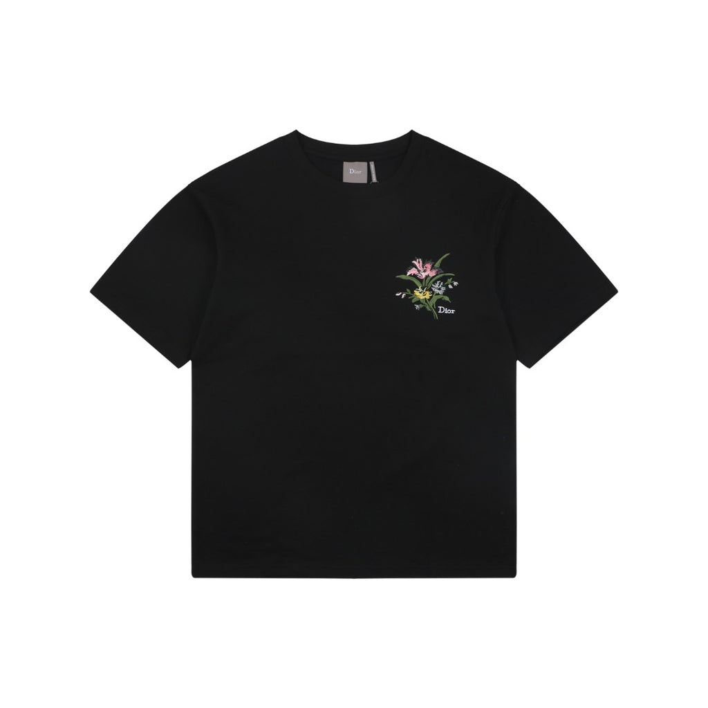 Dior Floral Bouquet Dior Script Embroidered Short Sleeve Tee Black