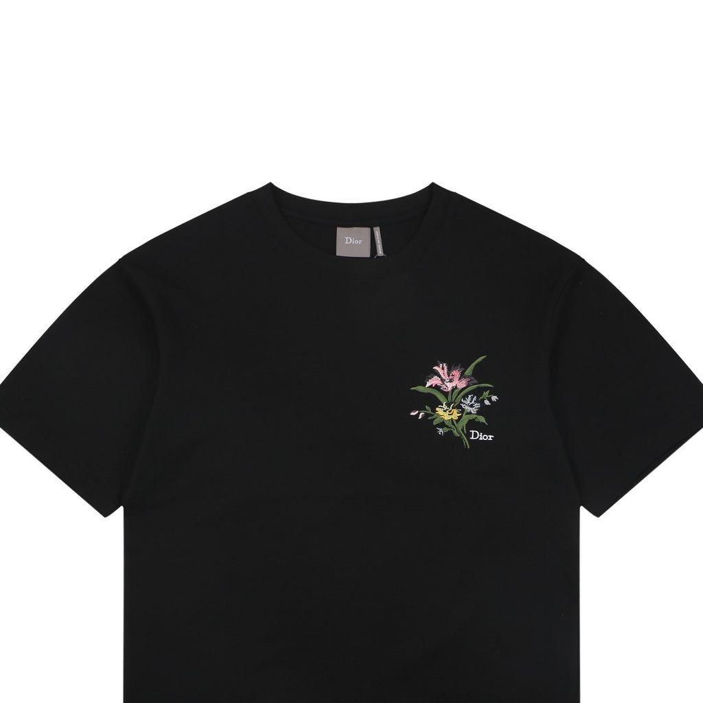 Dior Floral Bouquet Dior Script Embroidered Short Sleeve Tee Black