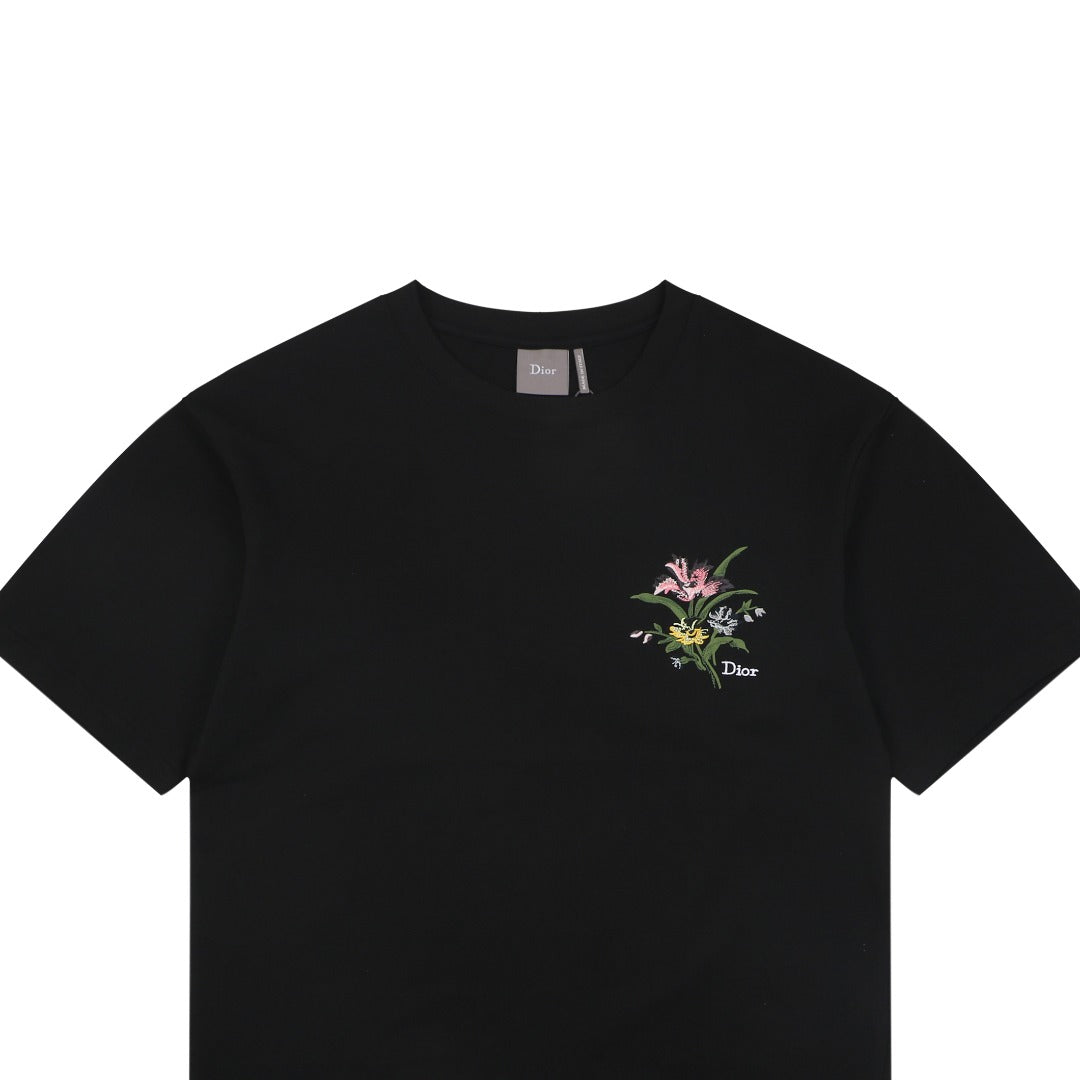 Dior Floral Bouquet Dior Script Embroidered Short Sleeve Tee Black