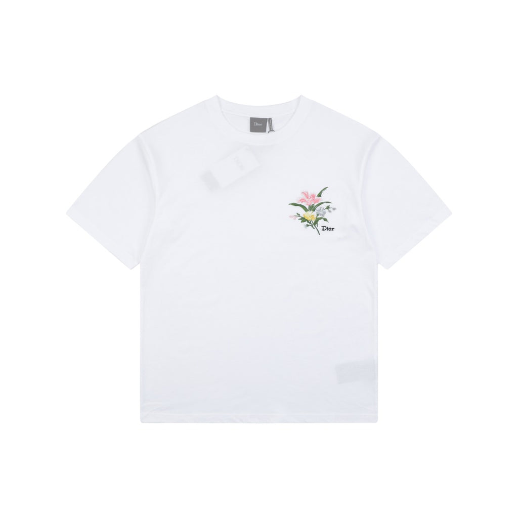 Dior Floral Bouquet Dior Script Embroidered Short Sleeve Tee White