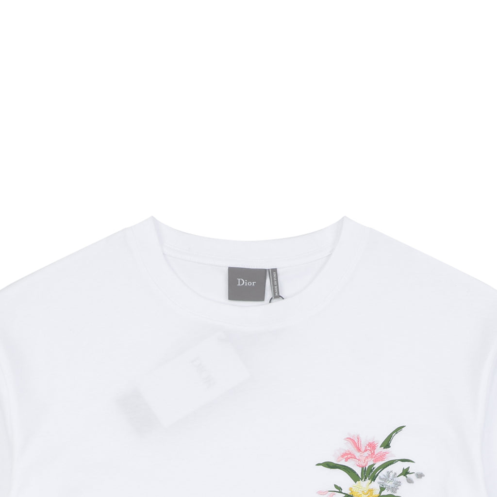 Dior Floral Bouquet Dior Script Embroidered Short Sleeve Tee White