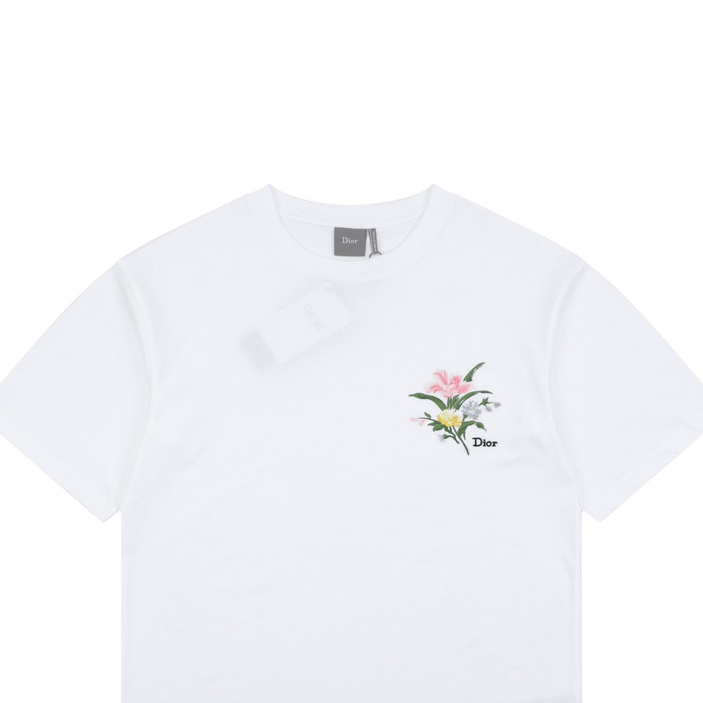 Dior Floral Bouquet Dior Script Embroidered Short Sleeve Tee White