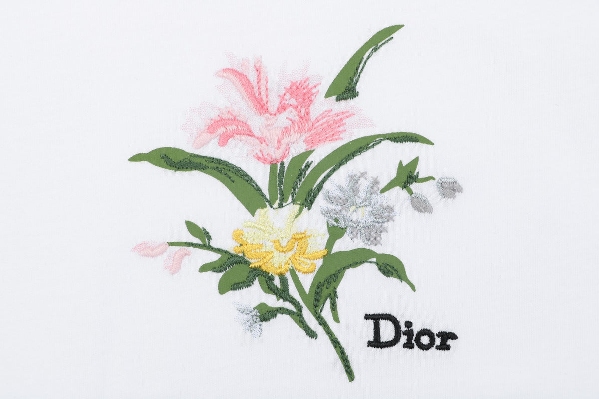 Dior Floral Bouquet Dior Script Embroidered Short Sleeve Tee White