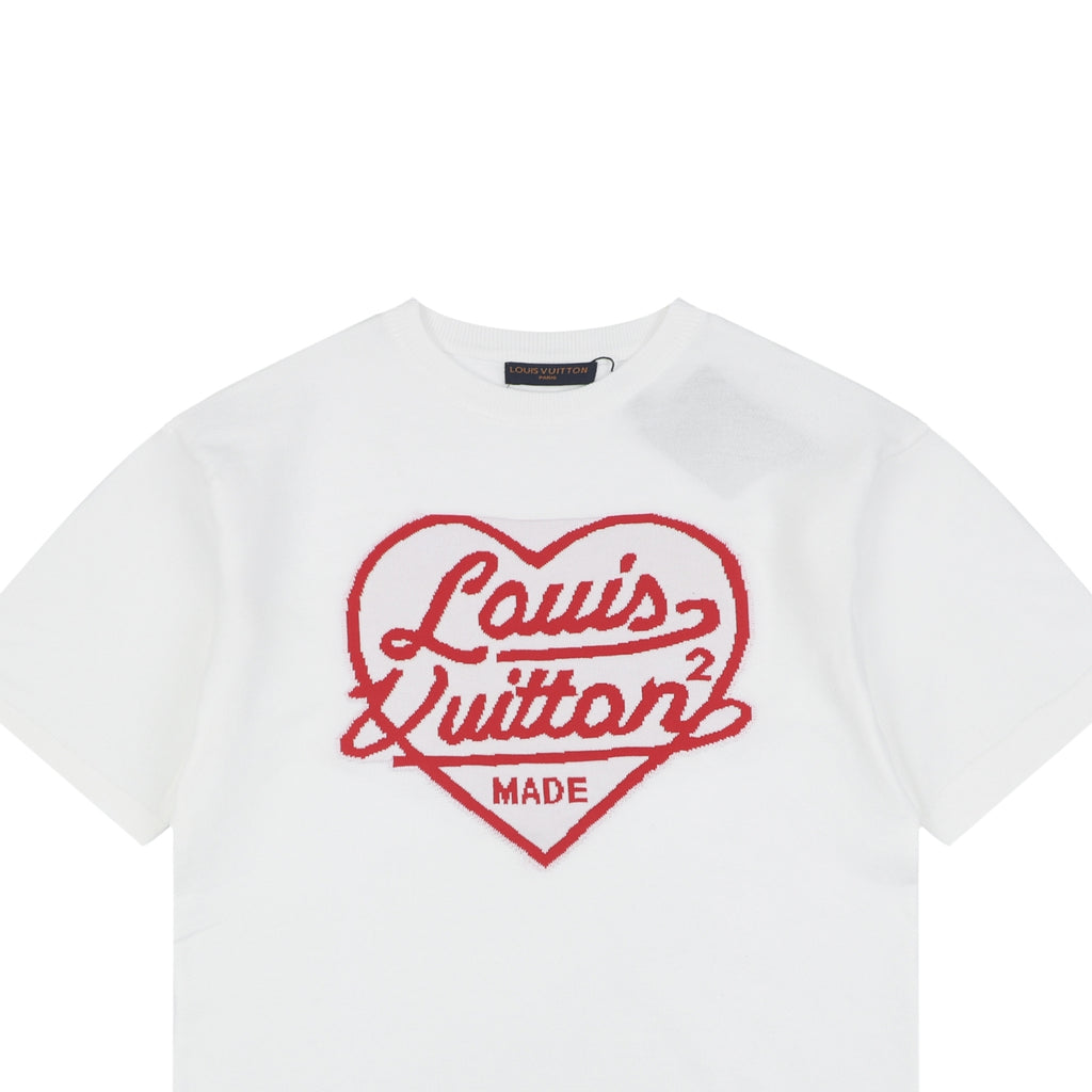 Louis Vuitton x Nigo Heart Jacquard Script Wordmark Short Sleeve Tee White Red
