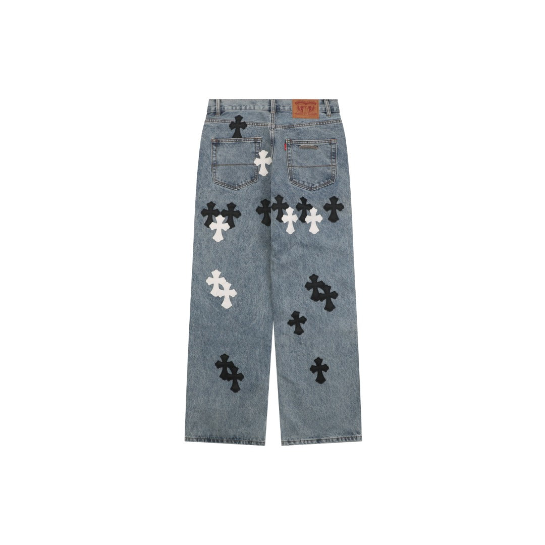 Chrome Hearts Black White Cross Leather Patch Denim Jeans Washed Blue