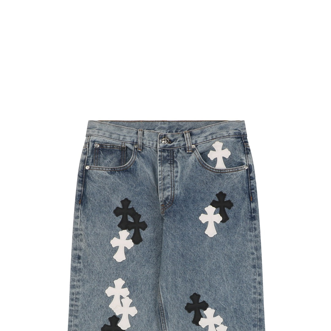 Chrome Hearts Black White Cross Leather Patch Denim Jeans Washed Blue