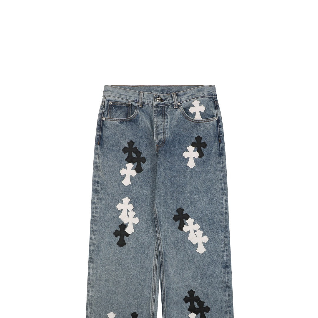 Chrome Hearts Black White Cross Leather Patch Denim Jeans Washed Blue