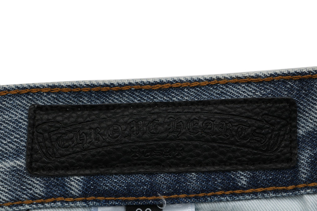 Chrome Hearts Black White Cross Leather Patch Denim Jeans Washed Blue