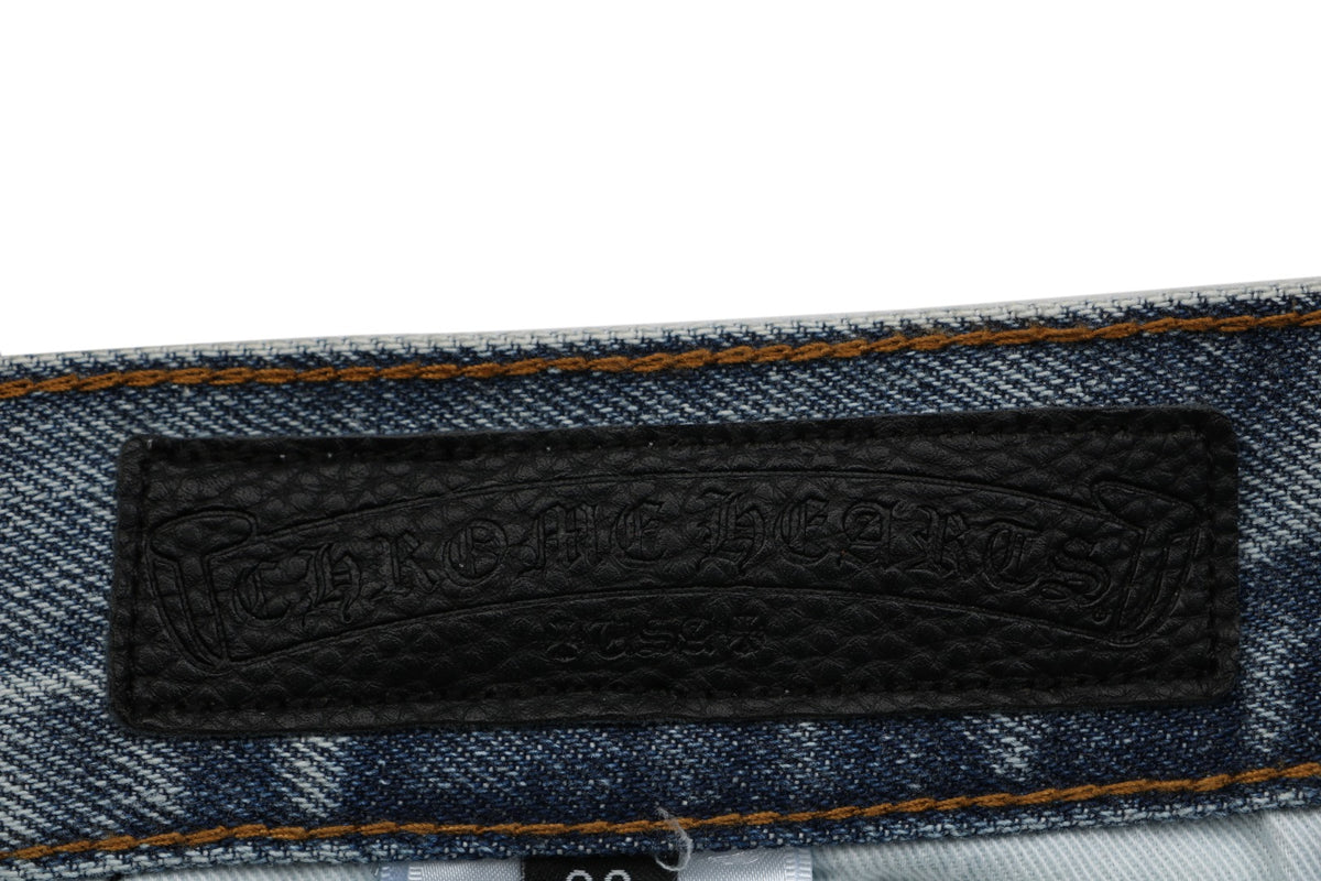 Chrome Hearts Black White Cross Leather Patch Denim Jeans Washed Blue