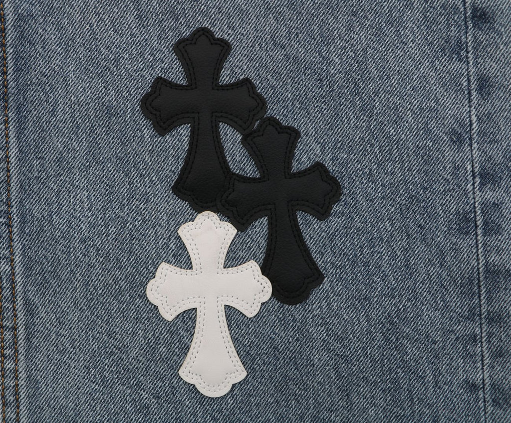 Chrome Hearts Black White Cross Leather Patch Denim Jeans Washed Blue