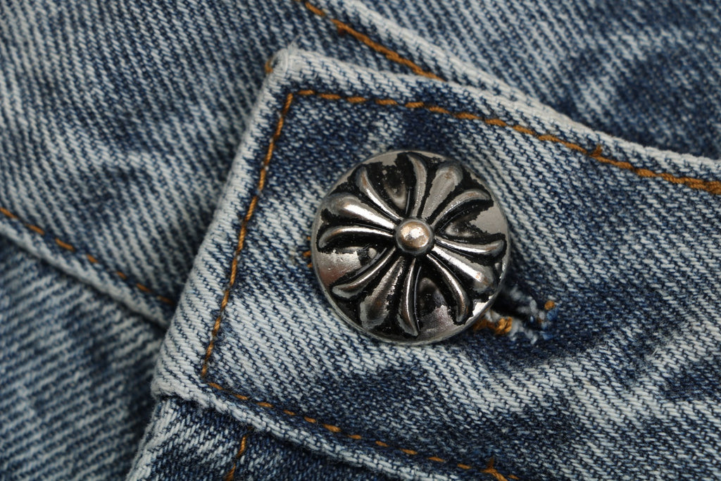 Chrome Hearts Black White Cross Leather Patch Denim Jeans Washed Blue