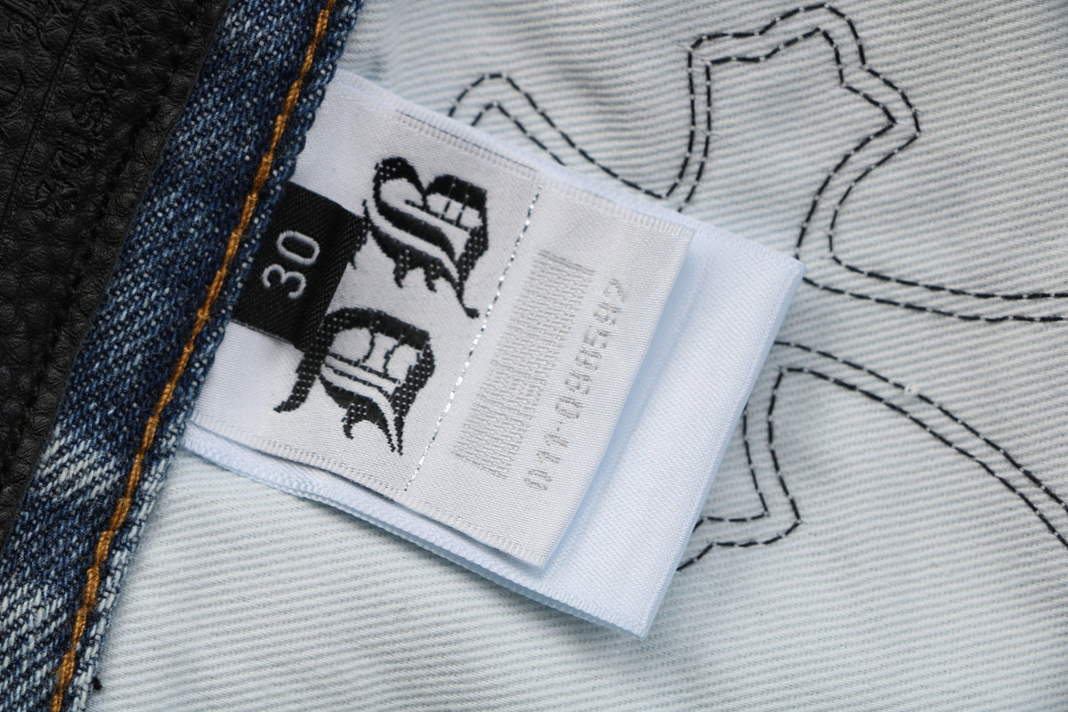 Chrome Hearts Black White Cross Leather Patch Denim Jeans Washed Blue