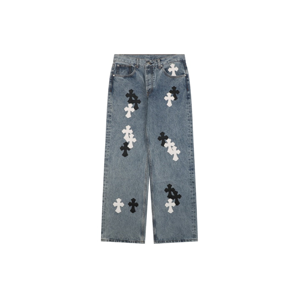 Chrome Hearts Black White Cross Leather Patch Denim Jeans Washed Blue