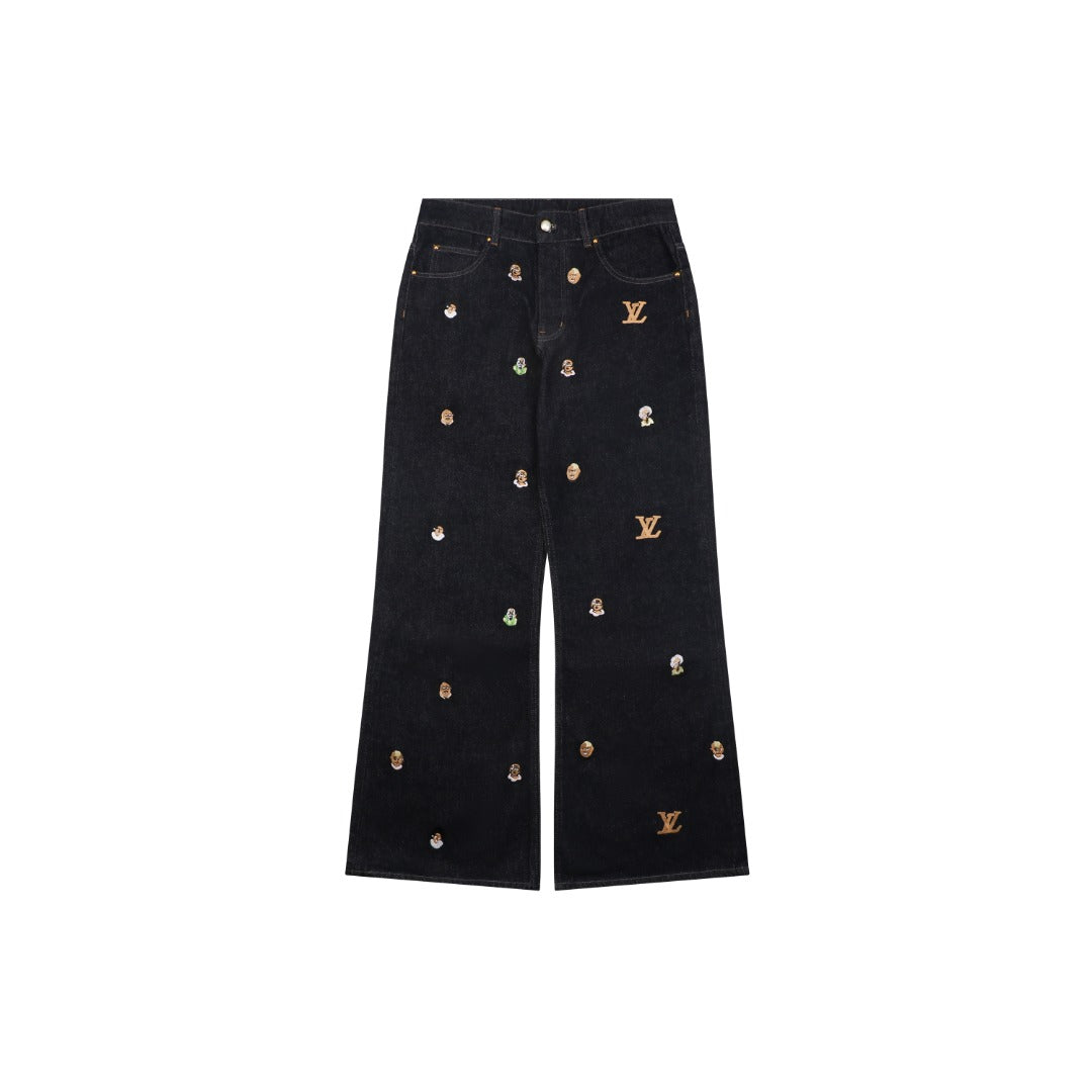 Louis Vuitton Monogram Micro Portrait All-Over Embroidered Wide Leg Denim Jeans Black