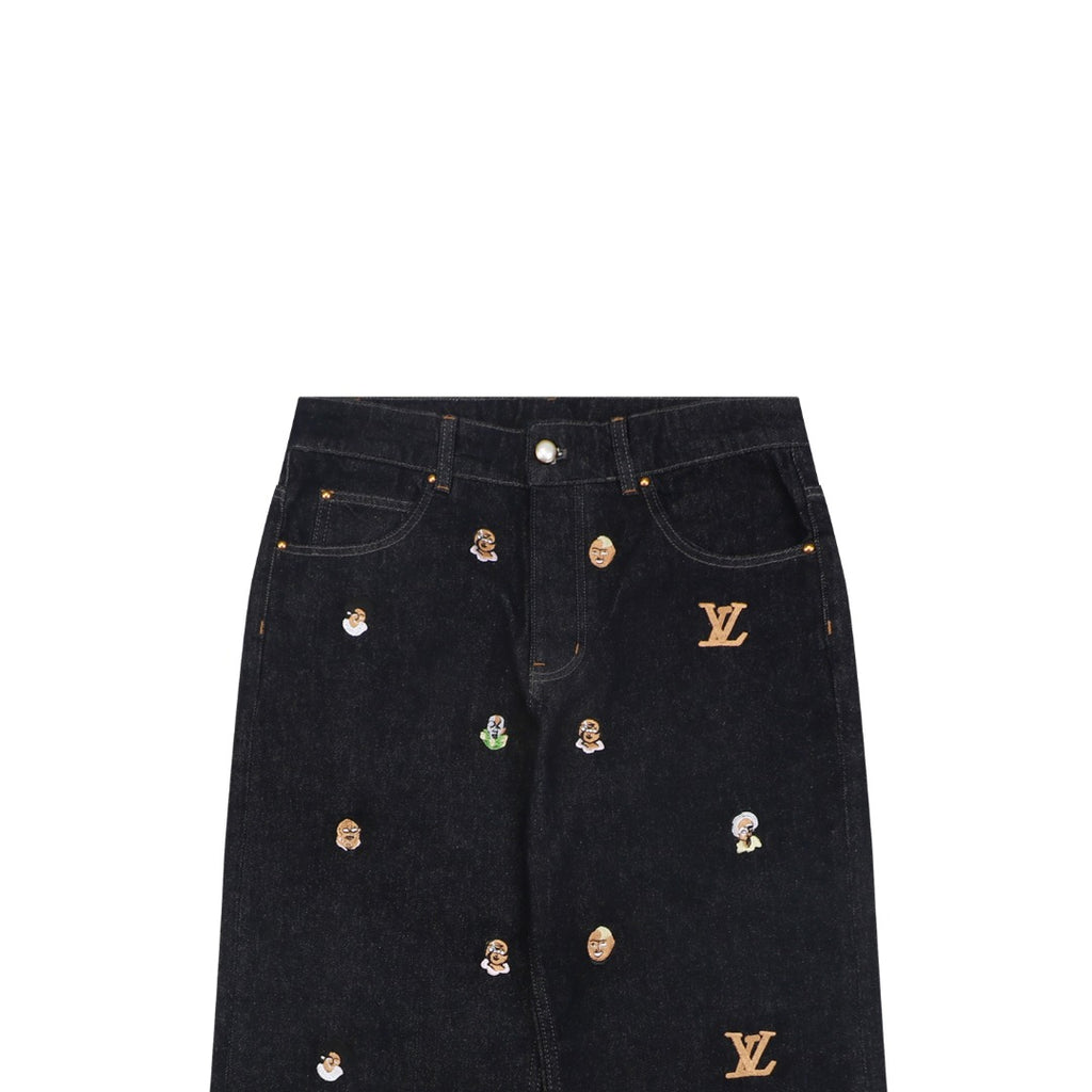 Louis Vuitton Monogram Micro Portrait All-Over Embroidered Wide Leg Denim Jeans Black