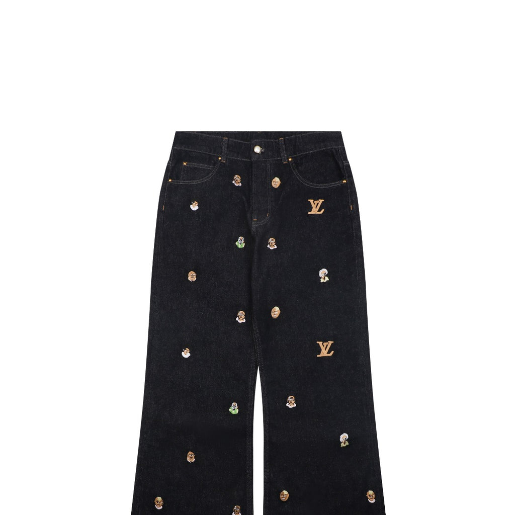 Louis Vuitton Monogram Micro Portrait All-Over Embroidered Wide Leg Denim Jeans Black