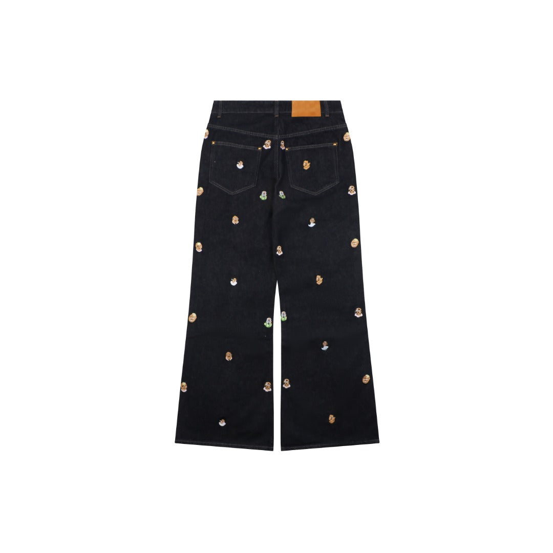 Louis Vuitton Monogram Micro Portrait All-Over Embroidered Wide Leg Denim Jeans Black