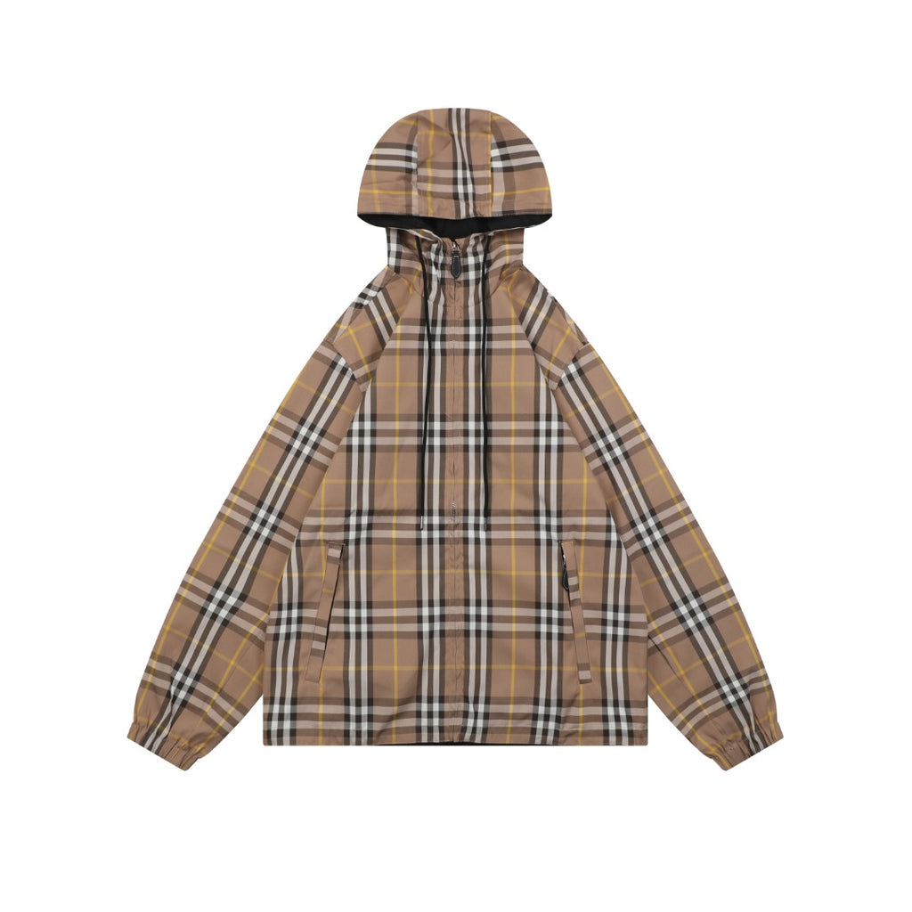 Burberry Vintage Check Reversible Hooded Zip Jacket Camel Black