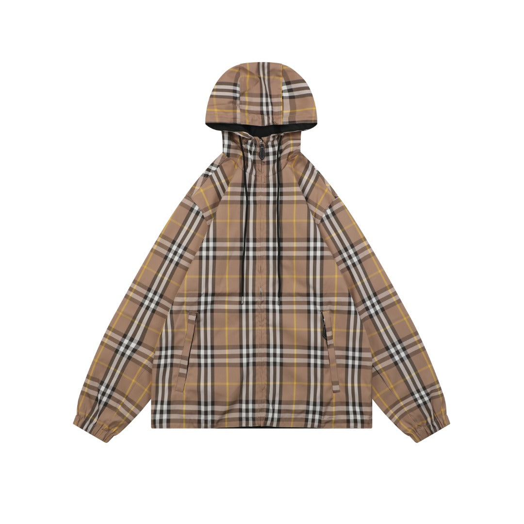 Burberry Vintage Check Reversible Hooded Zip Jacket Camel Black