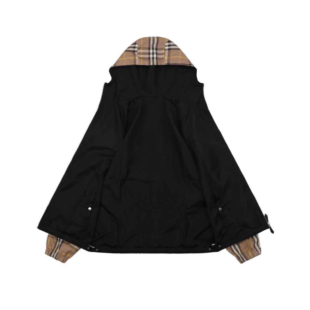 Burberry Vintage Check Reversible Hooded Zip Jacket Camel Black