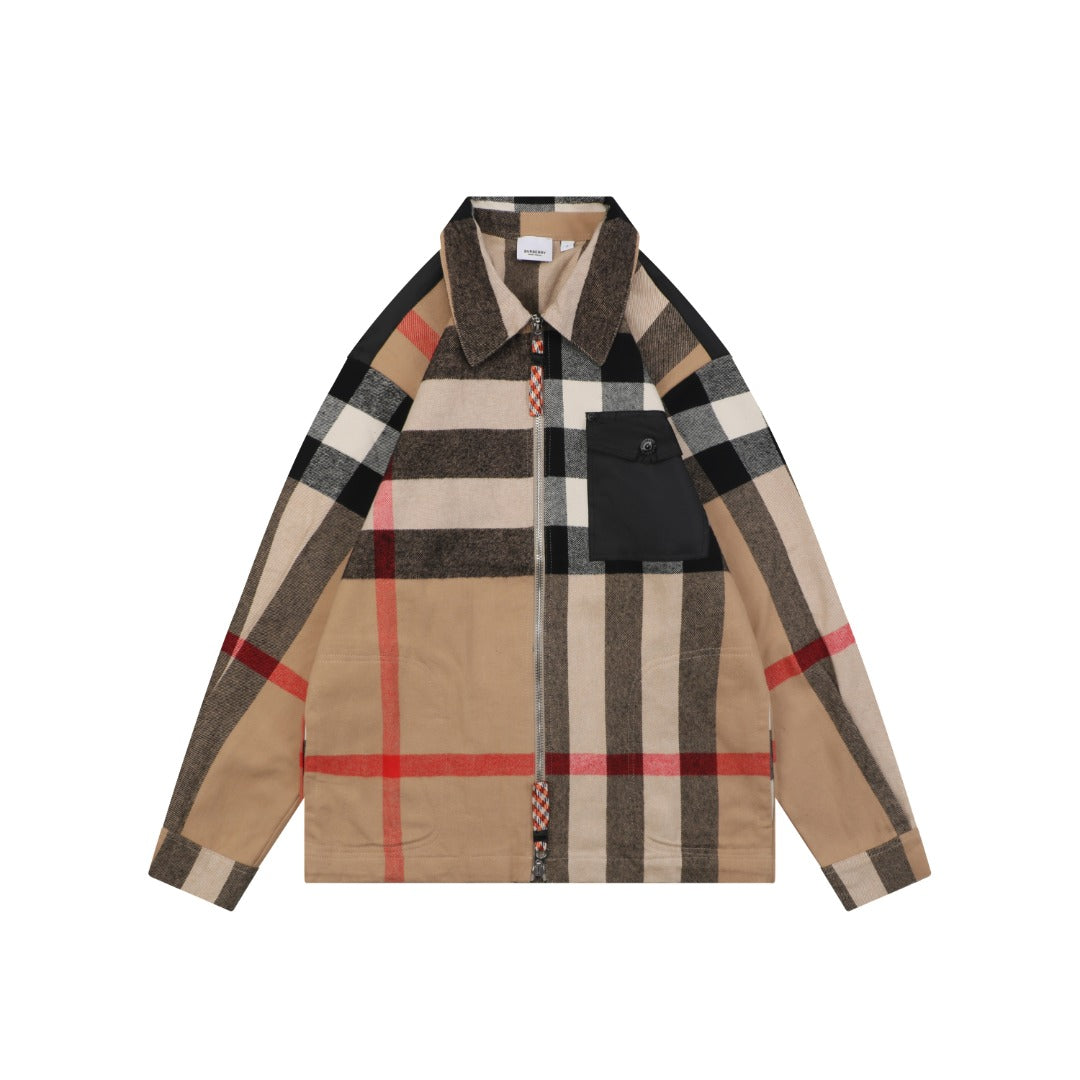 Burberry Vintage Check Maxi Plaid Contrast Pocket Zip Jacket Camel Black