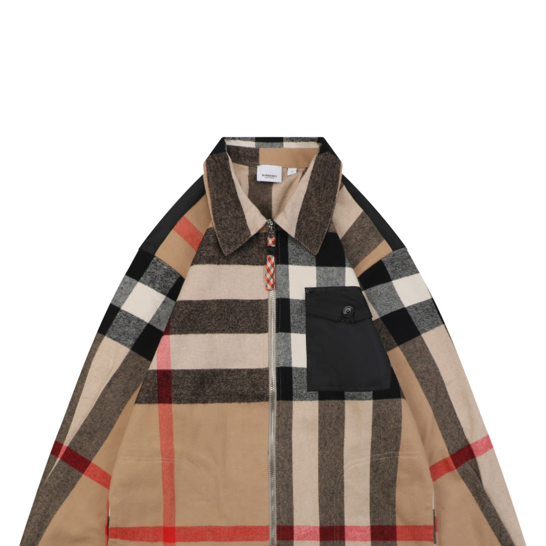 Burberry Vintage Check Maxi Plaid Contrast Pocket Zip Jacket Camel Black