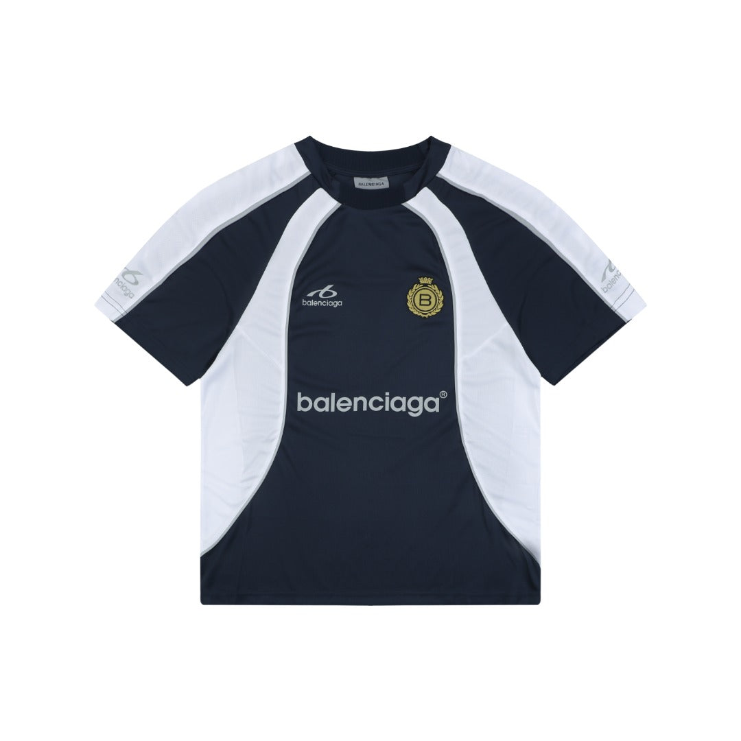 Balenciaga Wheat Spike B Crest Soccer Jersey Short Sleeve Tee Navy