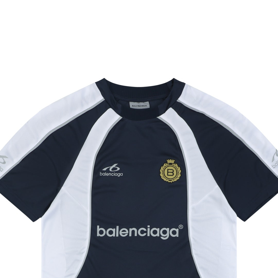 Balenciaga Wheat Spike B Crest Soccer Jersey Short Sleeve Tee Navy