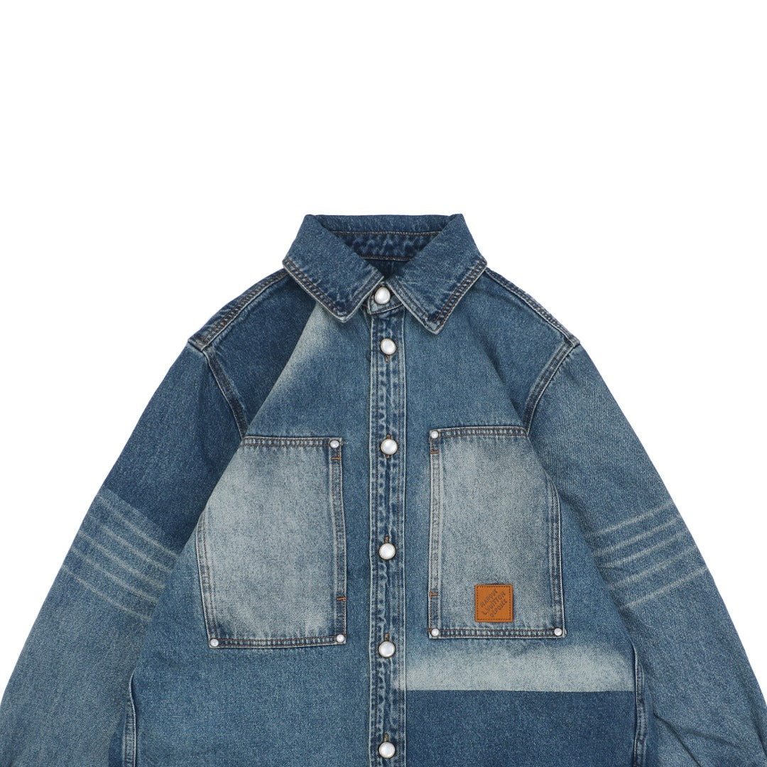 Louis Vuitton 25SS Sun-Faded Patchwork Denim Overshirt Jacket Indigo