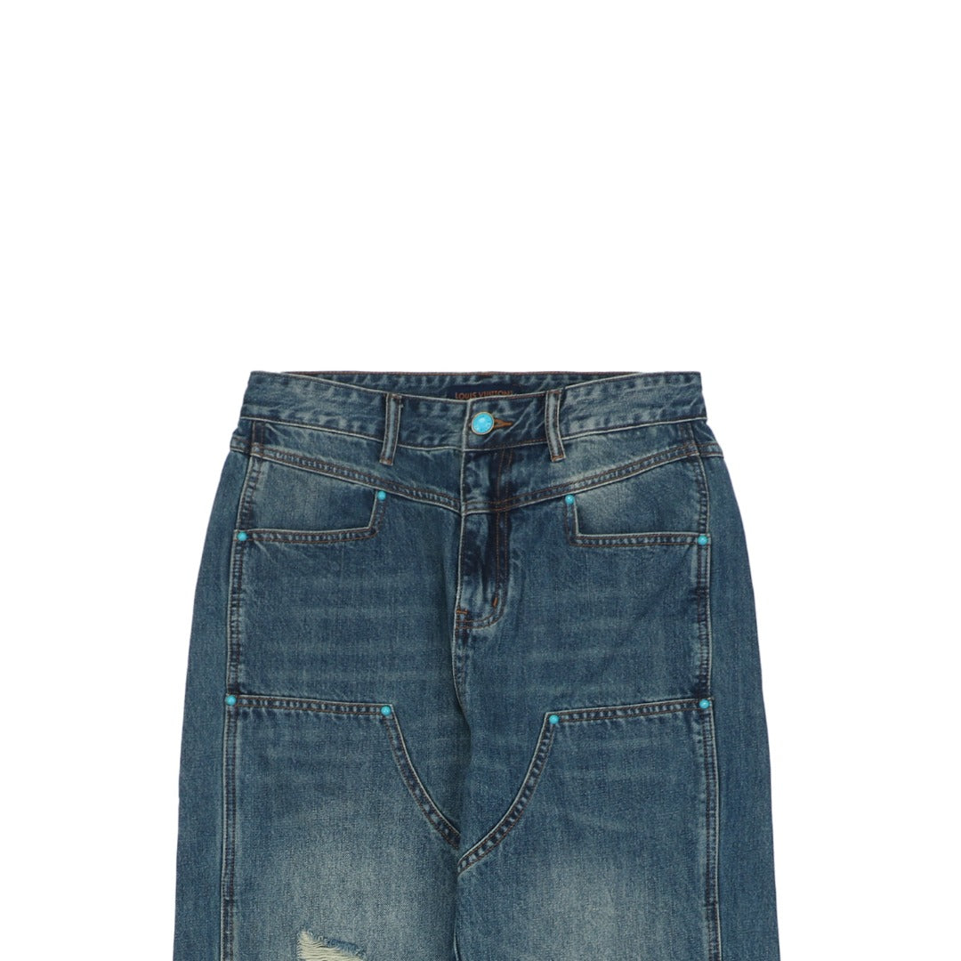 Louis Vuitton 24FW Turquoise Button Washed Carpenter Denim Jeans Indigo
