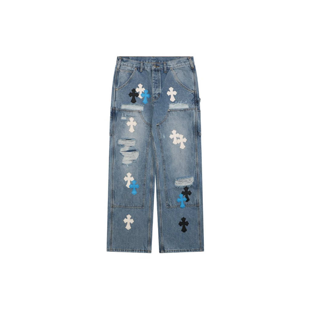Chrome Hearts Cross Leather Appliqué Distressed Carpenter Denim Jeans Blue Black White