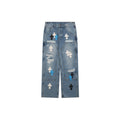 Chrome Hearts Cross Leather Appliqué Distressed Carpenter Denim Jeans Blue Black White