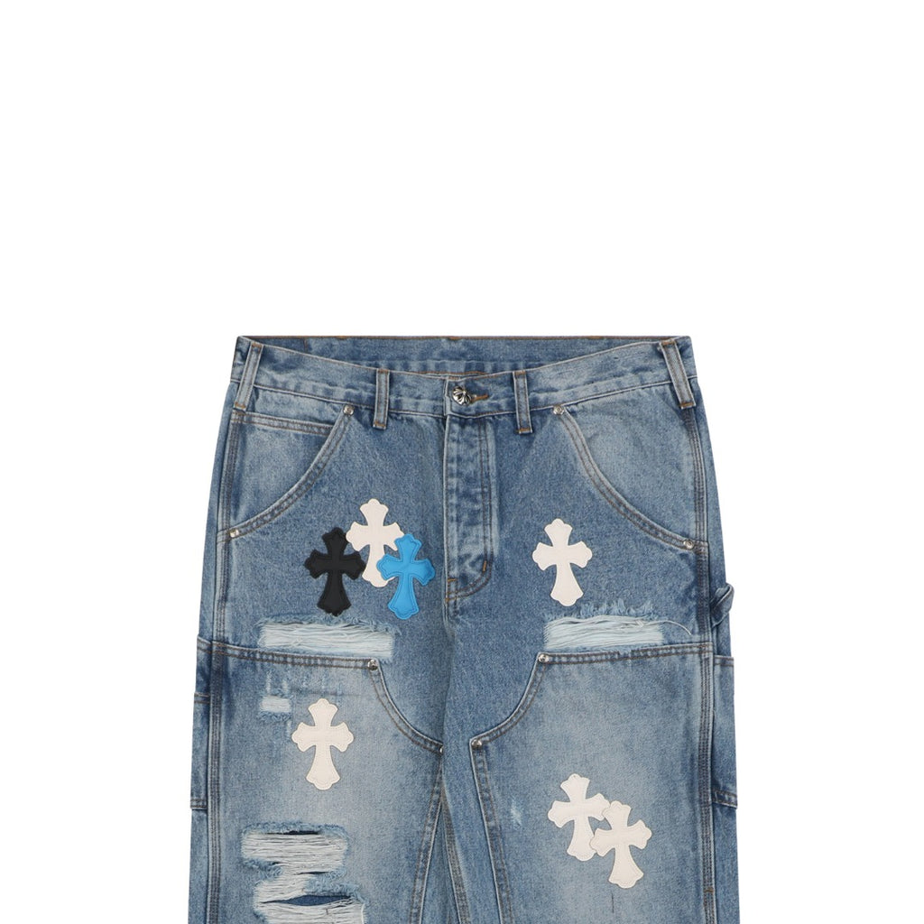 Chrome Hearts Cross Leather Appliqué Distressed Carpenter Denim Jeans Blue Black White