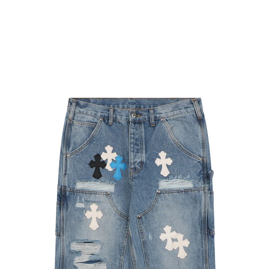 Chrome Hearts Cross Leather Appliqué Distressed Carpenter Denim Jeans Blue Black White