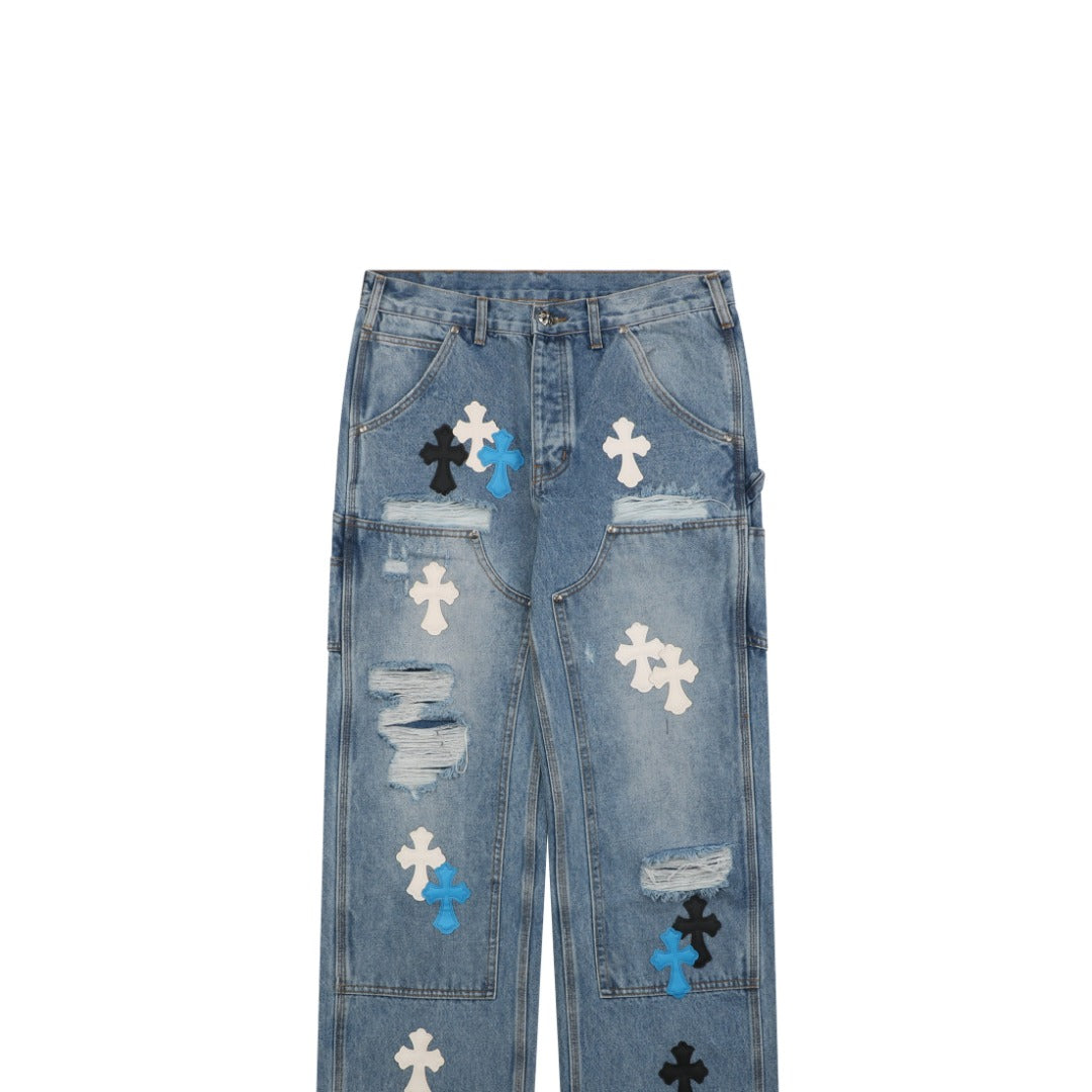 Chrome Hearts Cross Leather Appliqué Distressed Carpenter Denim Jeans Blue Black White