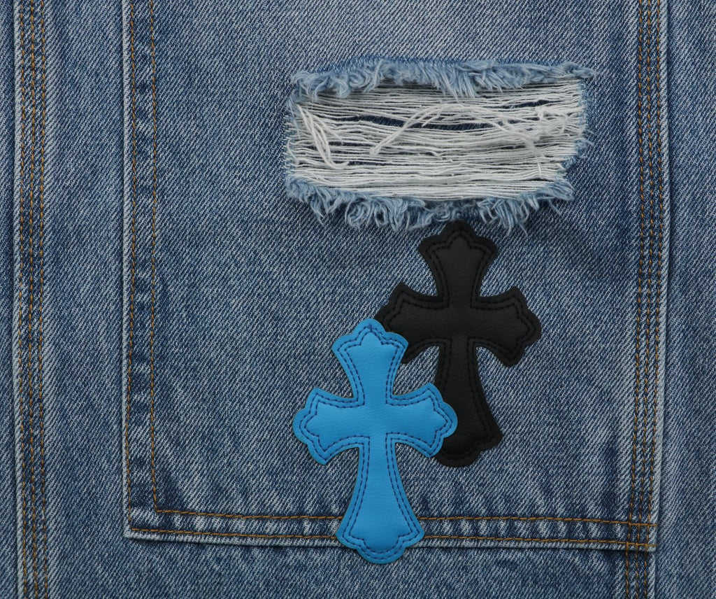 Chrome Hearts Cross Leather Appliqué Distressed Carpenter Denim Jeans Blue Black White