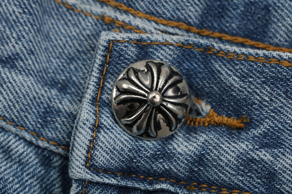 Chrome Hearts Cross Leather Appliqué Distressed Carpenter Denim Jeans Blue Black White