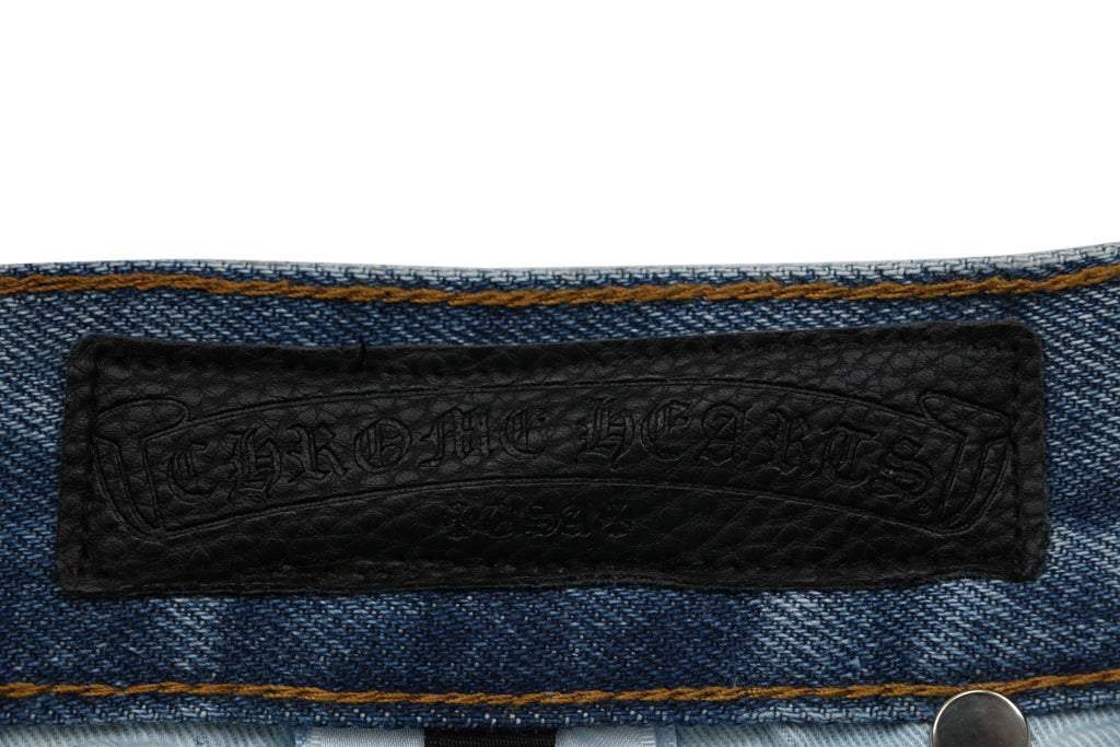 Chrome Hearts Cross Leather Appliqué Distressed Carpenter Denim Jeans Blue Black White