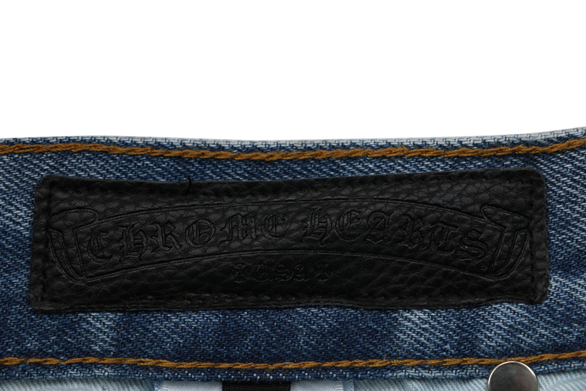 Chrome Hearts Cross Leather Appliqué Distressed Carpenter Denim Jeans Blue Black White