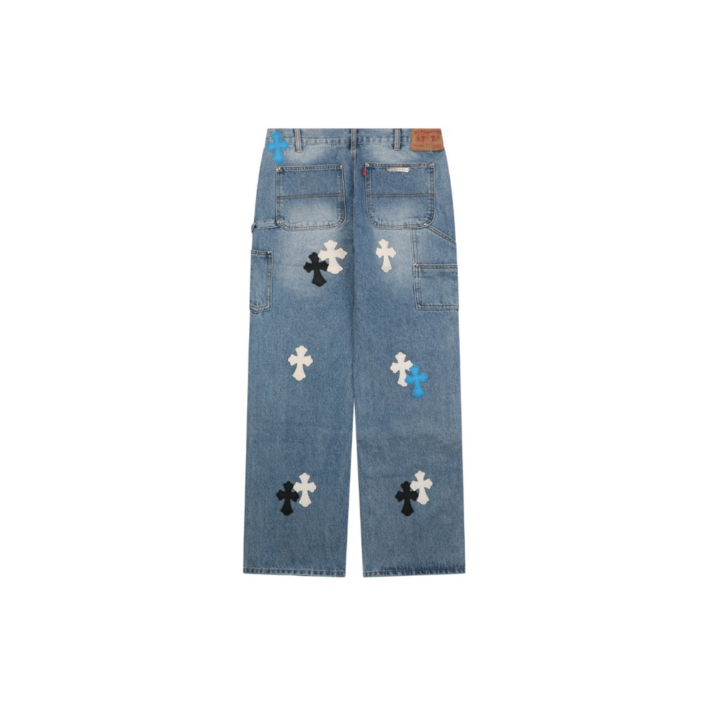 Chrome Hearts Cross Leather Appliqué Distressed Carpenter Denim Jeans Blue Black White